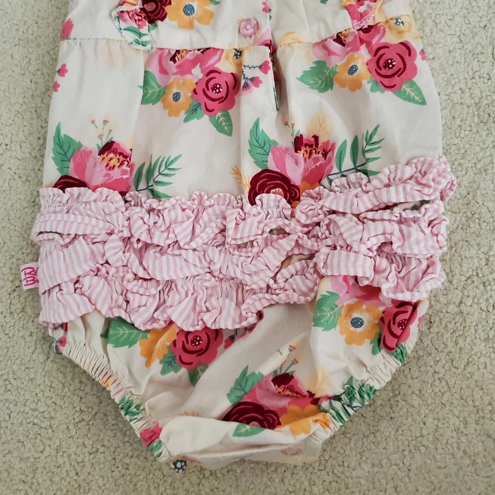 Ruffle Butts Baby Girl Pink Floral Romper Bubble with Ruffles sz3-6m